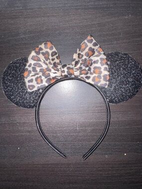 Sequin Black Minnie Ear Headband with Leopard Bow